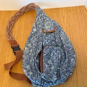Blue Paisley Sling Bag with Brown Rope Strap